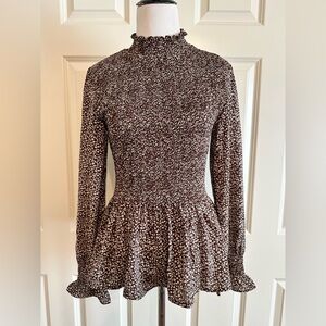 Vici Flawless Brown and White Smocked Peplum Floral Fit and Flare Top